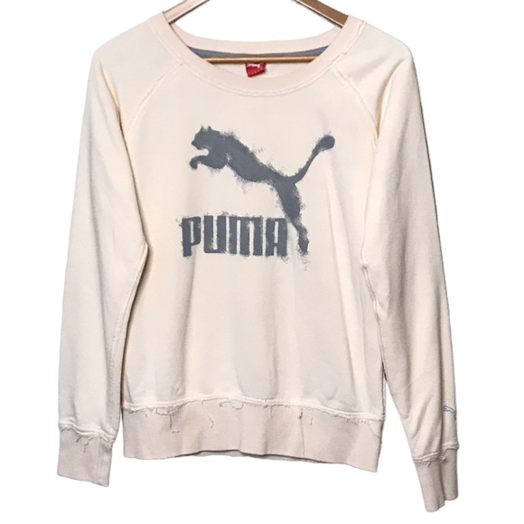 Puma Tops - PUMA Top Cropped Long Sleeve Reverse Weave Raw Edge Ivory Gray Size S